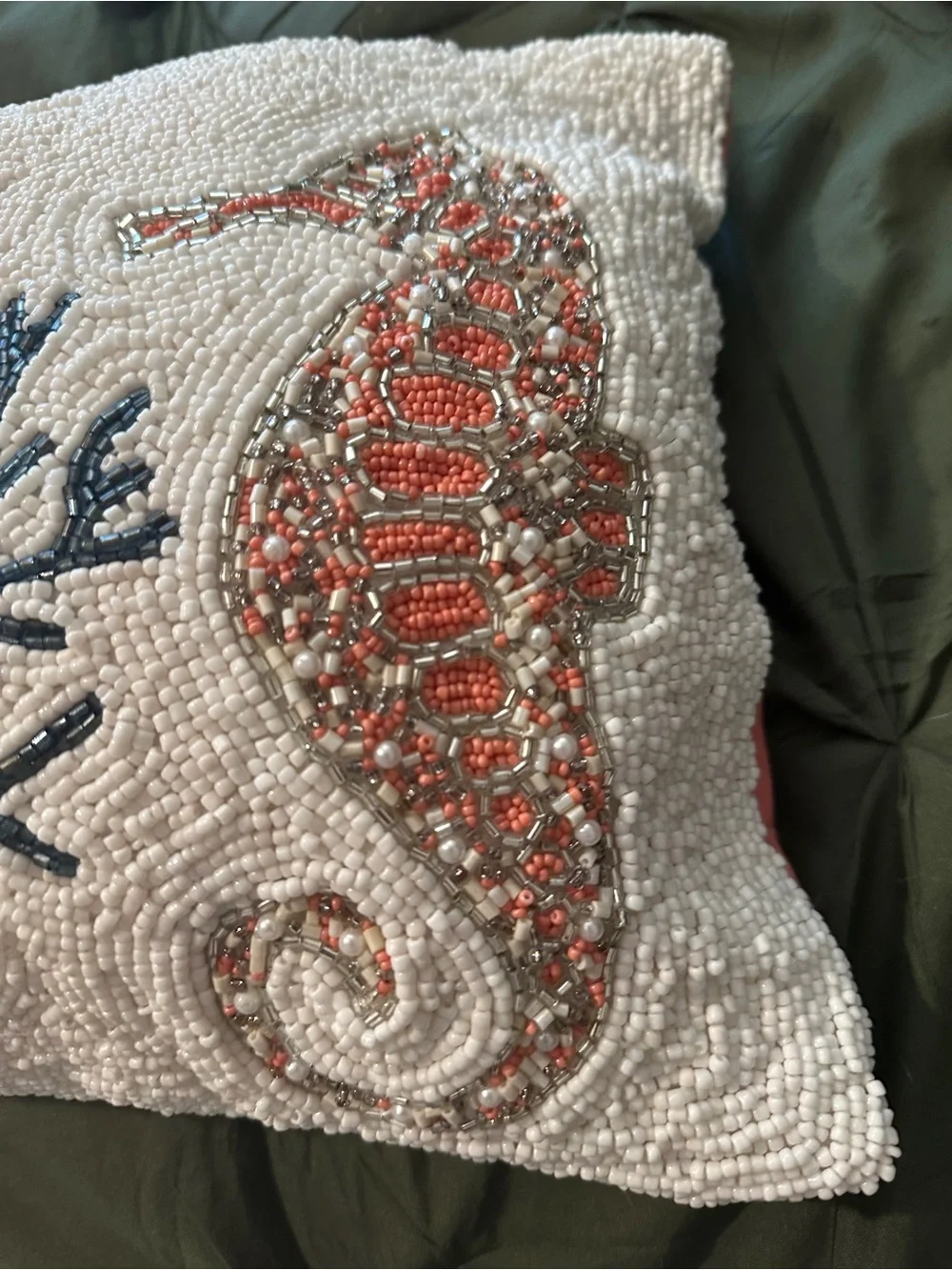 Handcrafted Coral & Seahorse Beaded Throw Pillow - Ivory and Navy